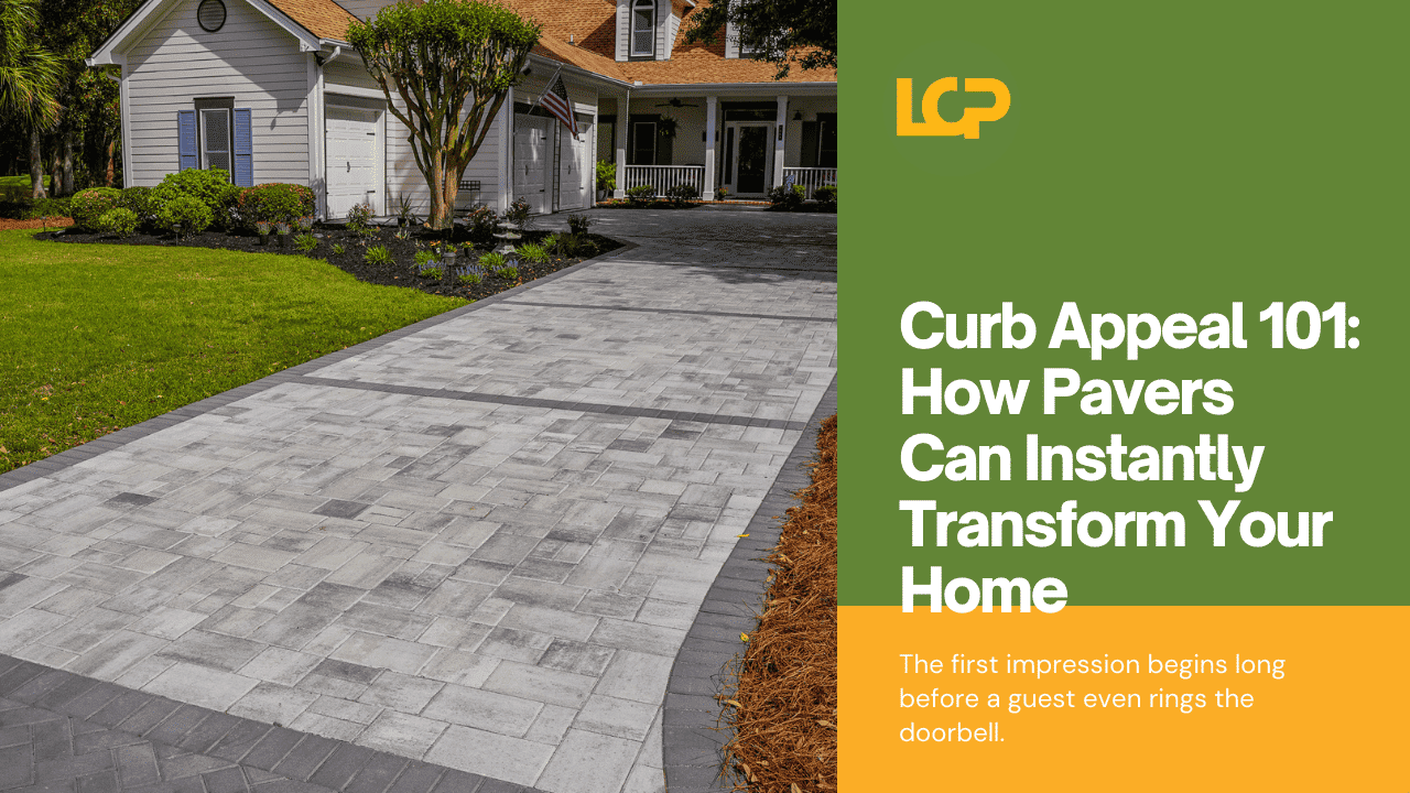 Concrete paver driveway with modern gray brick pattern, enhancing home curb appeal and durability.