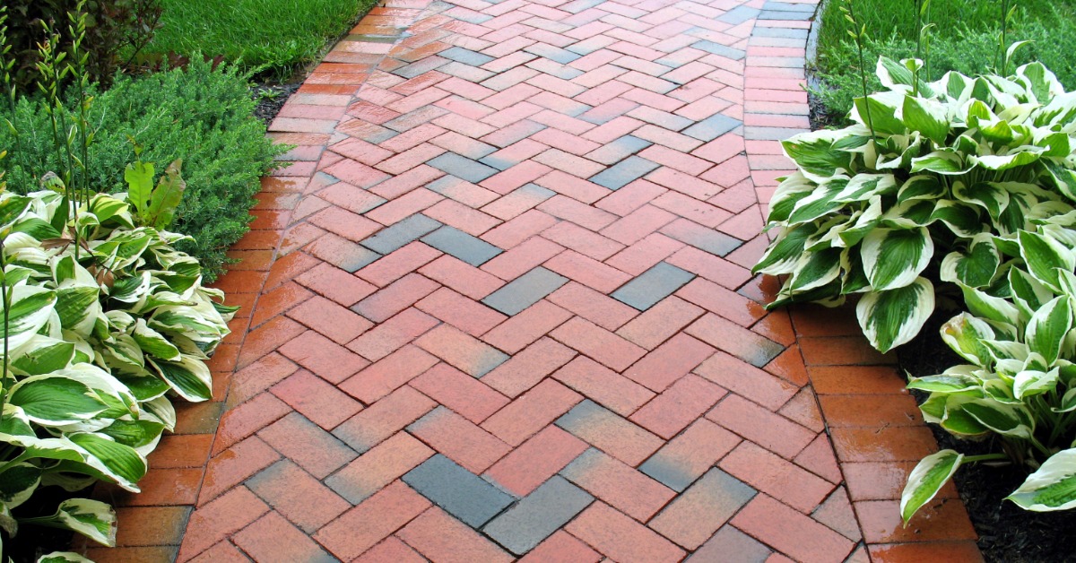 Small, red brick pavers arranged in herringbone style to create a thin walkway in a residential backyard.
