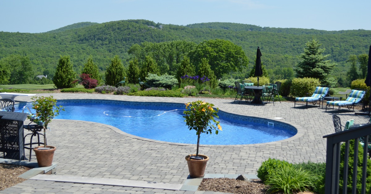 A residential backyard with a concrete paver patio and a long in-ground swimming pool. Mountains are visible nearby.